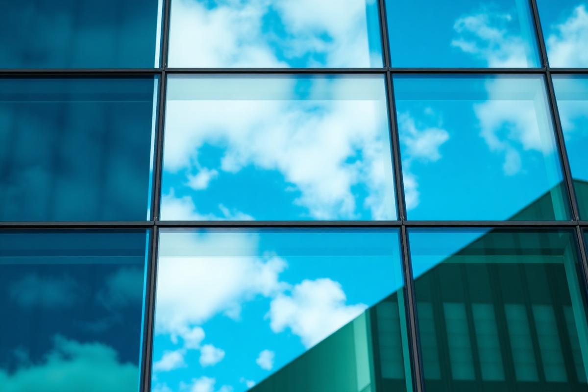 Fachada de vidro após a limpeza, refletindo o céu