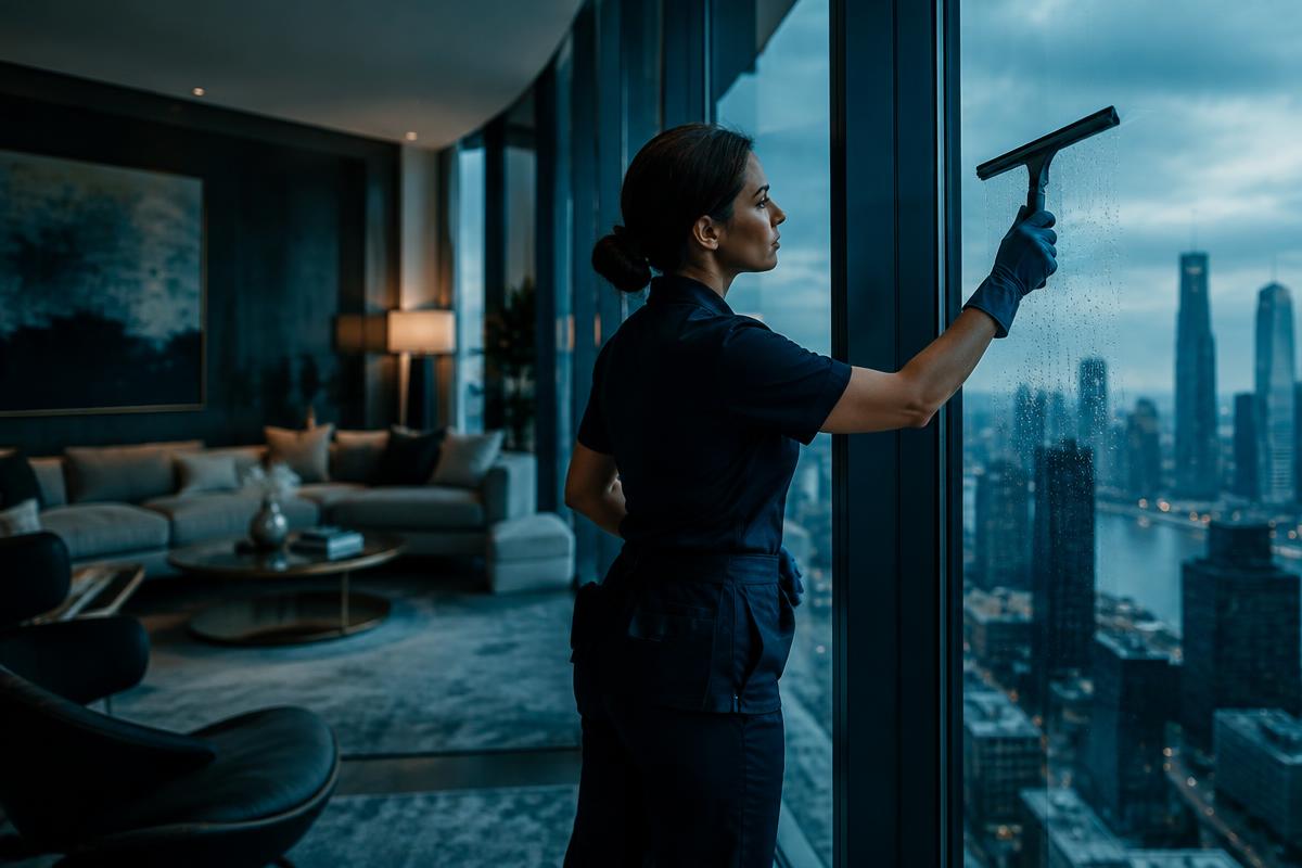 Profissional uniformizado limpando janela grande de vidro no interior de apartamento moderno